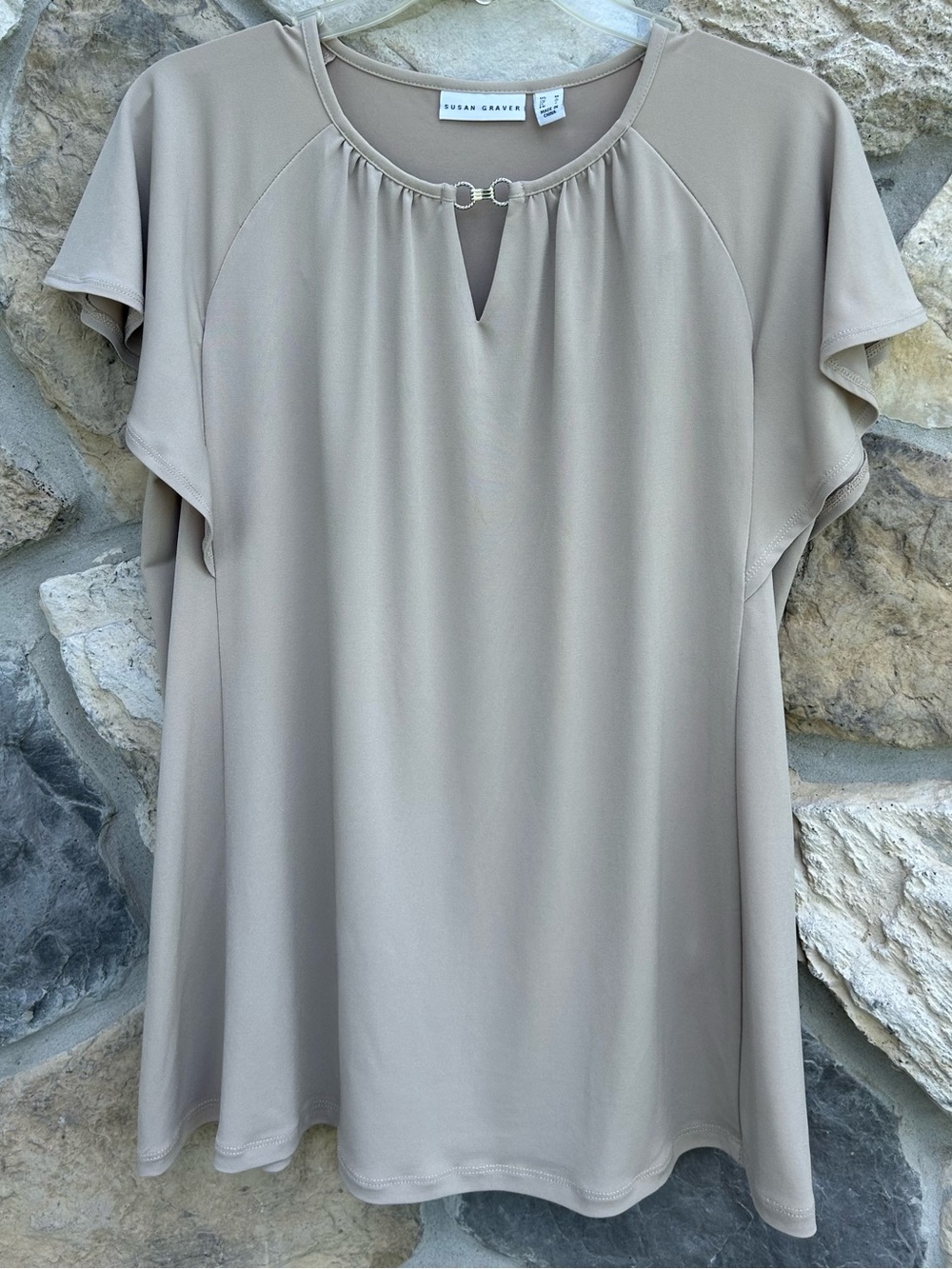 Susan Graver Liquid Knit Blouse Top Size M Beige Casual Elevated Basic Career